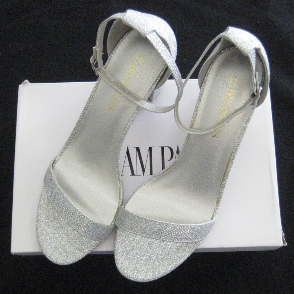DREAM PAIRS Chunky 3" Heel Sandals Open Toe Ankle Strap Silver Glitter Shoes NIB